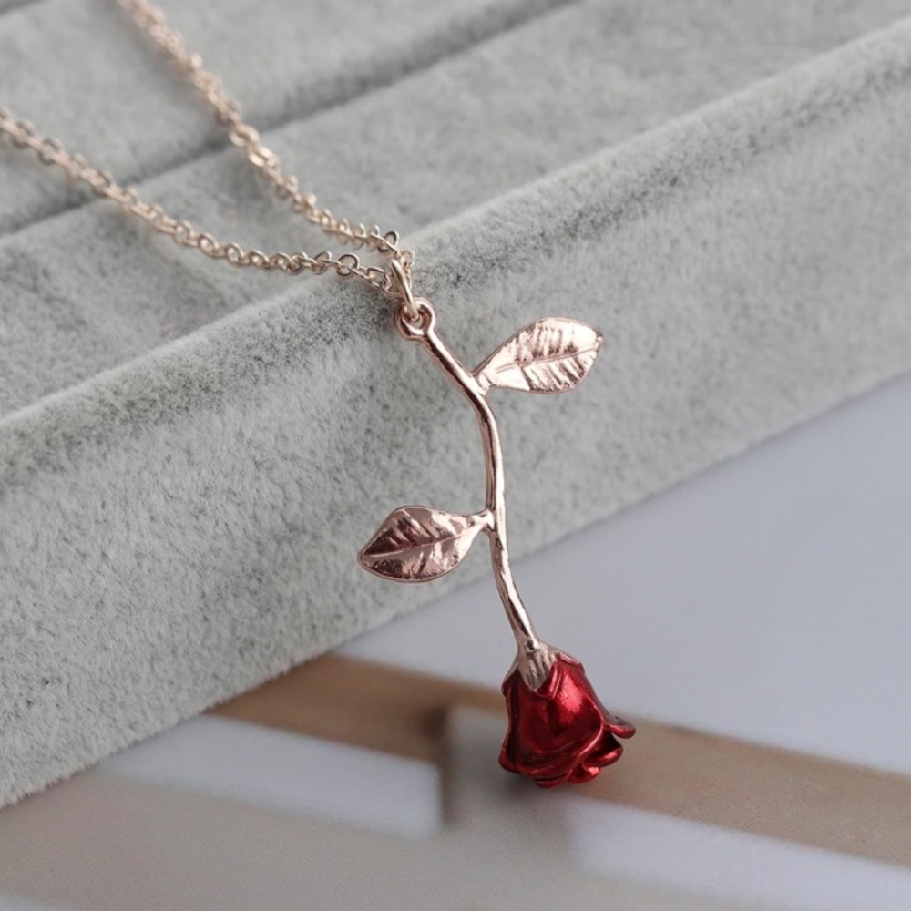 Rose Gold/Red Rose Flower Pendant Necklace
